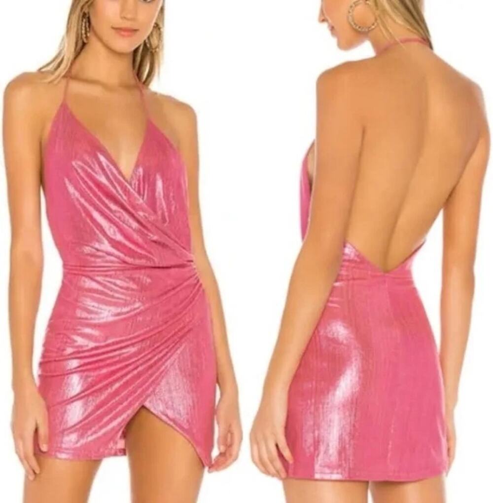 Superdown Pink Metallic Missie Wrap Front Mini Dress Size S